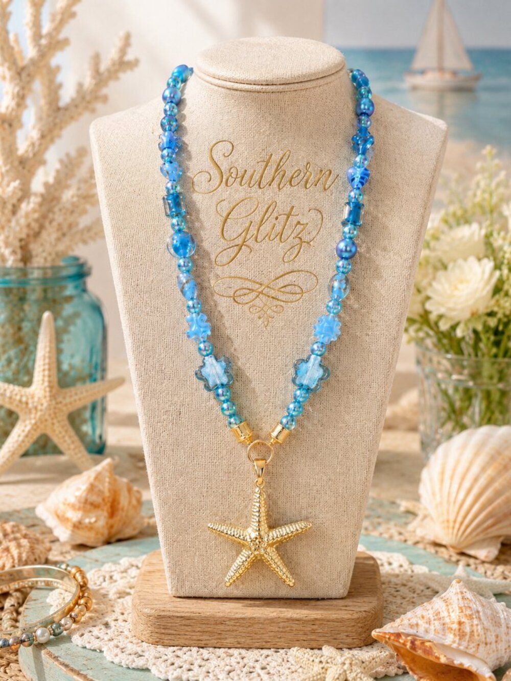 Gold Starfish Pendant Necklace | Blue Coastal Beaded Necklace | Summer Beach Sta